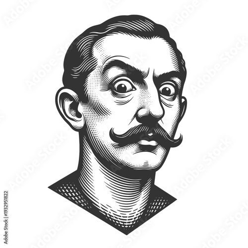 surprised mustached man with wide eyes, inspired by vintage engraving and old fashioned illustration style sketch engraving generative ai vector illustration. Scratch board imitation. Black and white.
