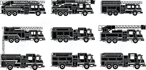 fire, truck, silhouette, engine, rescue, emergency, vector, ladder, transport, vehicle, icon, symbol, equipment, black, department,