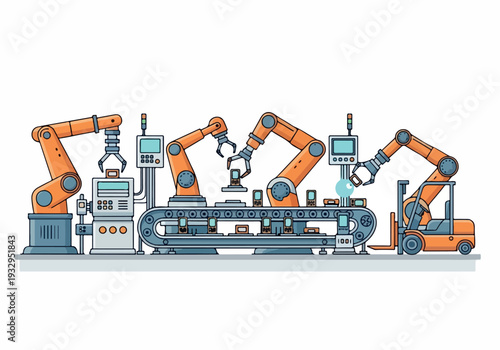 Automated robotic arms working on a sophisticated assembly line with a forklift in a modern industrial setting, showcasing advanced manufacturing processes and efficiency in production