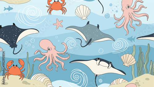 Charming seamless pattern of ocean life including stingrays octopuses crabs and seashells on a blue wavy background.