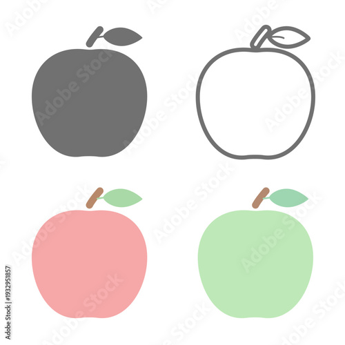 りんごアイコン4種セット（赤りんご・青りんご・シルエット・線画）シンプルフラット