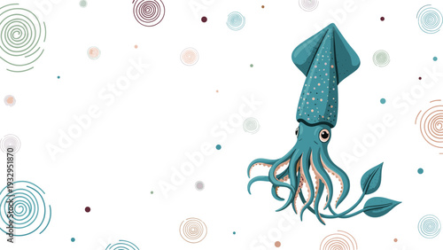 Detailed illustration of a teal squid with long tentacles swimming against a background of abstract circles and dots.
