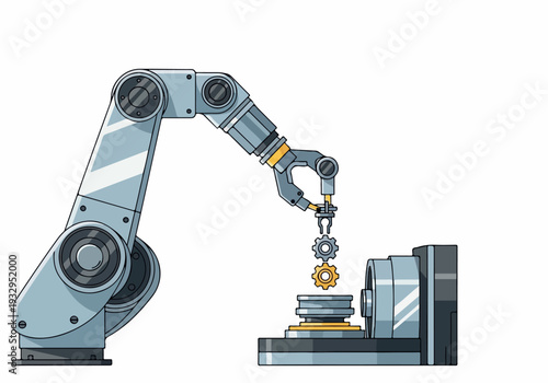 Robotic arm assembling gears on an industrial platform, symbolizing automation and advanced manufacturing processes in modern industry