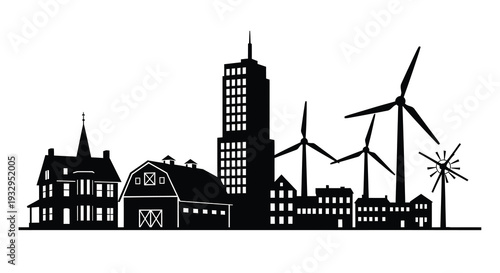 A striking black cityscape including buildings wind turbines and a church all rendered as a bold silhouette high quality