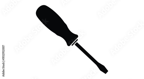 A minimalist depiction of a flathead screwdriver rendered in stark black against a white background a bold silhouette