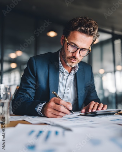 Banking professional analyzing loan portfolio performance metrics natural daylight