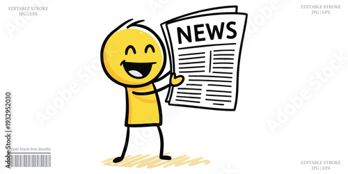 Happy News Reader Excited Stick Figure Cartoon.Happy News Reader Excited Stick Figure Cartoon