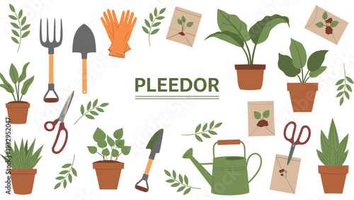 Comprehensive collection of gardening tools including shovel fork watering can and various potted plants for home gardening.