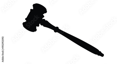 A stark black silhouette of a classic wooden gavel resting diagonally on a pure white background silhouette high quality