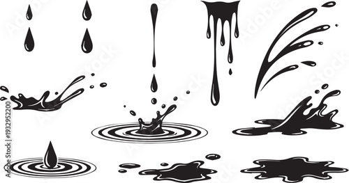 Dynamic Black Liquid Splash, Drip, and Drop Vector Set - Graphic Elements for Water, Oil, Paint, or Ink Effects