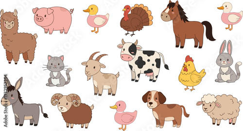 Cute farm animal cartoon set vector illustration with cow horse sheep duck dog and barnyard characters collection