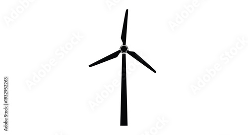 A stark black silhouette of a single wind turbine against a bright white background representing renewable energy solutions silhouette