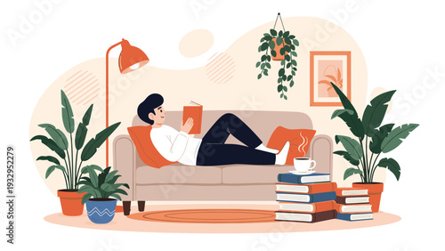 Relaxed young man reading a book on a comfortable sofa in a cozy room filled with green houseplants and books.