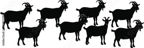 Goat silhouette vector set, farm animal collection with horned domestic livestock figures, black isolated shapes on white background