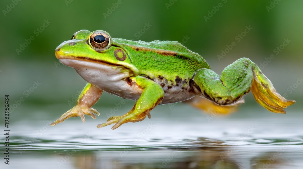 Fototapeta premium Green frog leaping over water in motion
