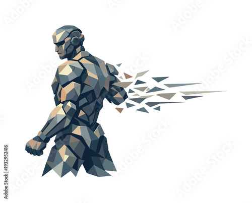 Low-poly vector illustration of a cyborg completing the punch strike in controlled follow-through, arm lowered slightly with