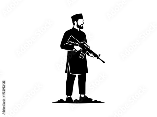 Black and white vector illustration of a bearded man in a tunic and cap holding an assault rifle. Concept of security, conflict, or protection.
