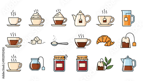 Comprehensive set of icons for tea and coffee time including cups pots teabags sugar honey and jam for menu graphics.