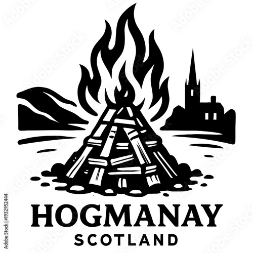 Hogmanay Scotland: Iconic black and white illustration of a towering bonfire illuminating a Scottish landscape, featuring rolling hills and a historic church, perfectly encapsulating the spirit of tra