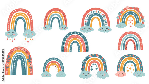 Large collection of unique hand drawn rainbows with varied patterns clouds stars and flowers for nursery and kids room decor.