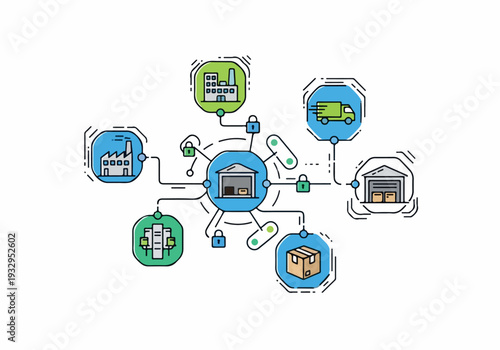 Supply Chain Logistics Network Connected Warehouses, Trucks, and Factories Illustrated Concept