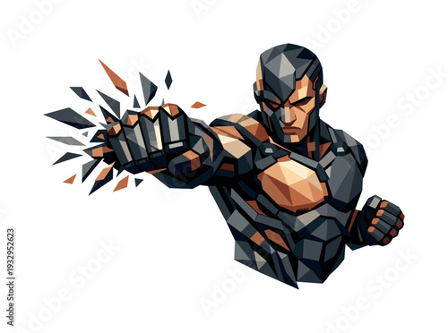 Low-poly vector illustration of a cyborg delivering a devastating punch strike, single cybernetic fighter with sharply faceted