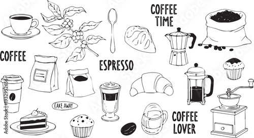 Hand-drawn set of coffee-themed elements including cups, beans, plants, desserts, and brewing equipment, perfect for cafe menus, packaging, or breakfast designs.