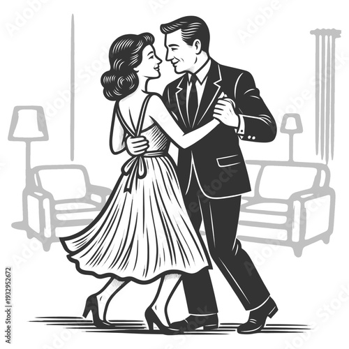 stylish couple dancing together in living room, romantic vintage scene with classic interior sketch engraving generative ai fictional character vector illustration. Scratch board. Black and white.