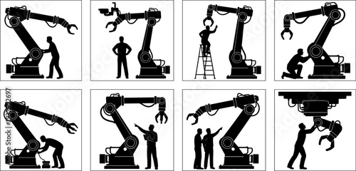 Human robot collaboration icon set, industrial automation silhouettes, workers interacting with robotic arms, manufacturing technology, inspection programming maintenance observation illustration
