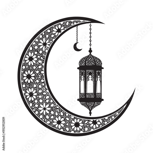 Islamic Crescent Moon and Hanging Lantern Silhouette Vector Illustration