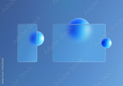 Glass morphism mockup with translucent vertical and horizontal panels and blue gradient spheres on a light blue background