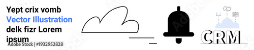 Cloud technology, notifications, business tools, data management, digital marketing, customer engagement. Cloud icon, bell and CRM visual. Cloud technology and notifications concept