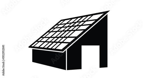 A stark black graphic depicts a house with a grid of solar panels on its roof a modern silhouette