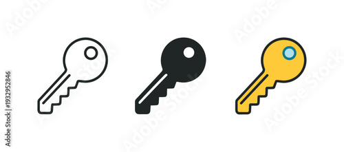 Closing scene depiction featuring a simple door key with rounded head, same form repeated horizontally in uniform scale, then