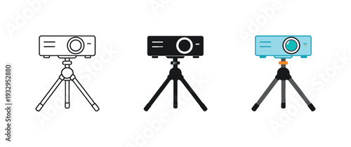 Conference setup context depicted as a lightweight tripod-mounted projector with circular lens and compact body shown straight on