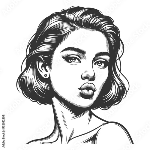 elegant young woman with closed eyes and soft expression sketch engraving generative ai fictional character vector illustration. Scratch board imitation. Black and white image.