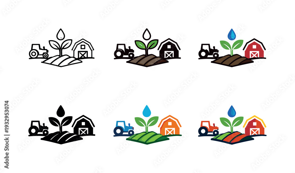 Naklejka premium Modern eco-farming icon featuring a plant seedling, tractor, water droplet, and barn, representing sustainable agriculture