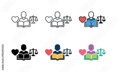 Values education icon featuring a book, teacher figure, heart, and justice scales, symbolizing lessons in ethics, moral guidance,