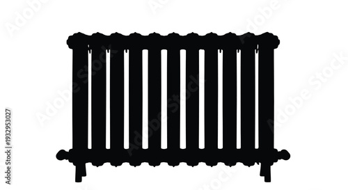 A stark black silhouette of a vintage cast iron radiator showcasing its intricate vertical design silhouette high quality professional