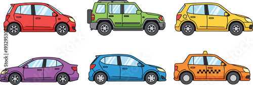 Flat Vector Transportation Icon Set Featuring Modern Sedan, SUV, Sports Car, Taxi, Limousine, Delivery Van, and Tow Truck for Automotive and City Logistics Designs