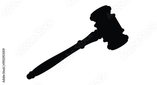 A stark black silhouette of a traditional gavel symbolizing authority and legal proceedings presented on a white background silhouette