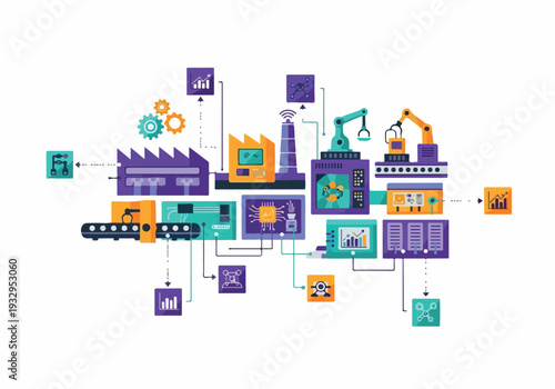 Automated industrial manufacturing process with robotic arms and conveyor belts illustration