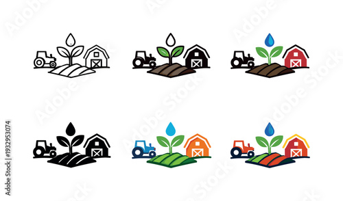 Modern eco-farming icon featuring a plant seedling, tractor, water droplet, and barn, representing sustainable agriculture