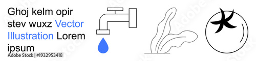 Water conservation, eco-friendly practices, natural resources, symbol language, graphic design, sustainability awareness. A faucet dripping water, foliage and conceptual icon. Water conservation