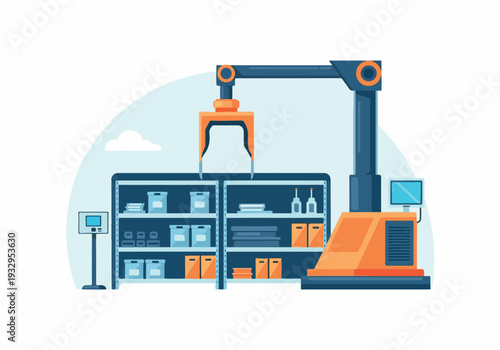 Automated warehouse robotic arm picking and placing products on shelves with digital display screen and monitor