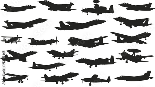 Military aircraft silhouette illustration set, fighter jets, bombers, reconnaissance planes, propeller aircraft, aviation technology design, black vector graphics