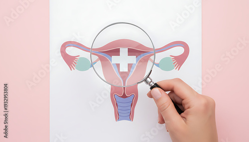 Preventive women health concept with uterus illustration under magnifying glass on pink background symbolizing screening early detection cervical cancer ovarian care and gynecology . Women's Cancer