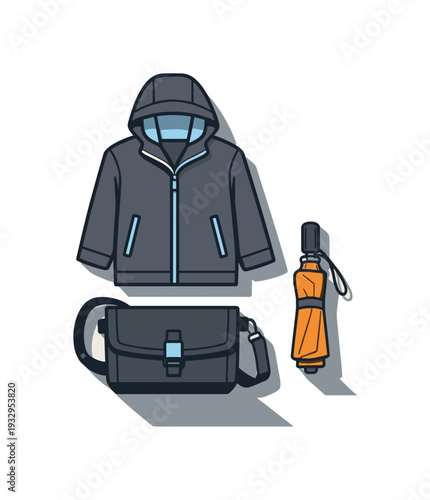 Refined contemporary rainy day commute essentials with essential umbrella waterproof bag and outerwear subtly offset and aligned