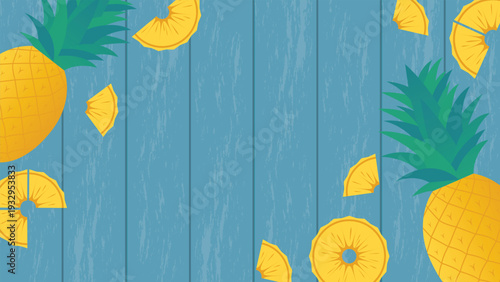 Tropical pineapple slices on blue wooden background with fresh fruit border for summer designs