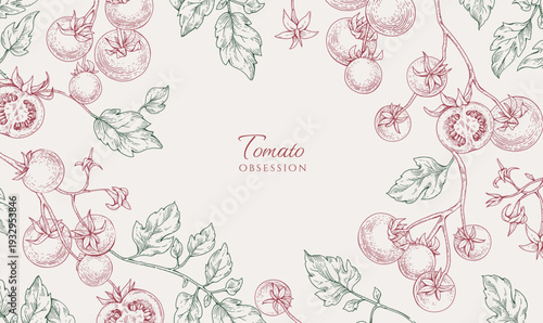 Background with tomatoes brunch and leaves. Detailed hand drawn ink illustration for template layout design, brochure or cover for food card